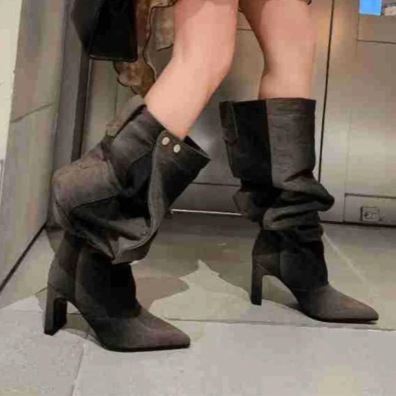 

Cowboy Pointed Toe Shape Heel Lantern Boots Woman Winter 2026 Gray Slip-On High Heel Pleated Boots Knee-High Heel Boots