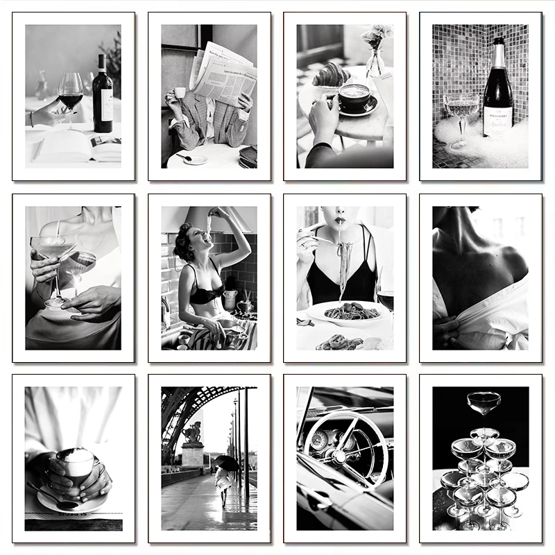 Modern Luxury Fashion Champagne Wine Sexy Women Black and White Poster Canvas Paintings Wall Art Pictures Kitchen Home Decor