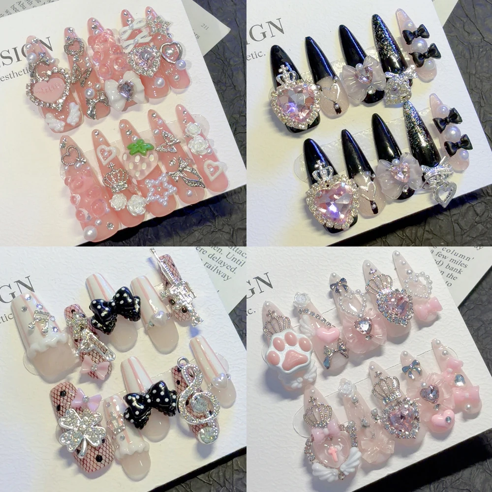 

Handmade Y2K Rhodochrosite Black Pink Hot Girl Punk Press On Nails Stiletto Cross Wings Bowknot Sparkle Powder Pearl Fake Nails