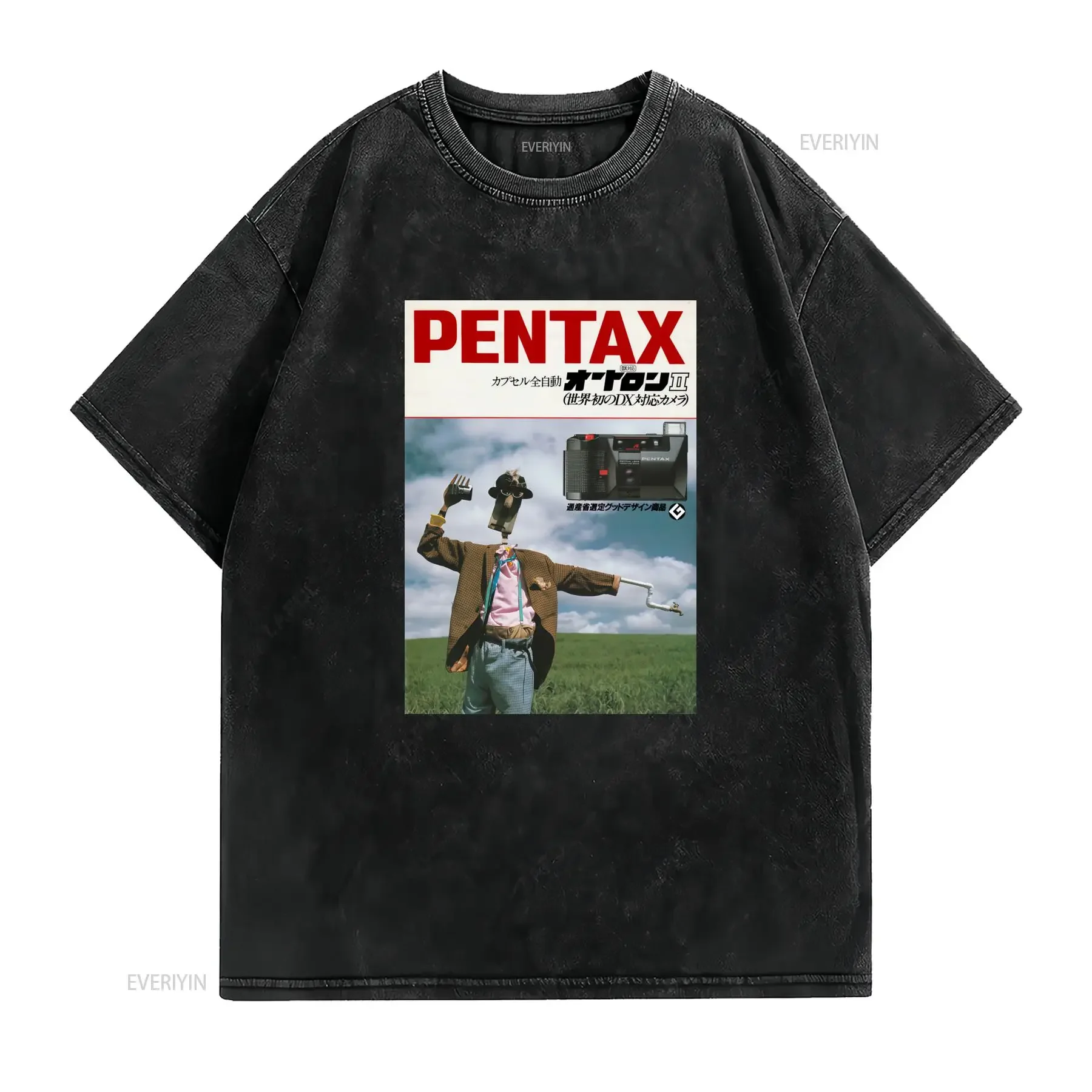 Vintage Retro Funny Japanese Film Camera Advert Scarecrow Print Casual T Shirt vintage Washed homme Comfortable