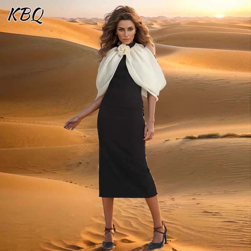 

KBQ Hit Color Elegant Slimming Dresses For Women Halter Off The Shoulder Sleeve High Waist Patchwork Appliques Dress Female New