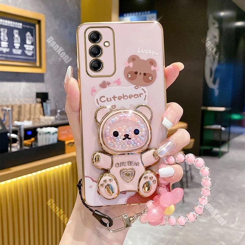 A14 Lucky Bear Holder Bracelet Plating Phone Case For Samsung A14 A12 A13 A15 A10 A05 A04 A04E A03 A03S A20S A22 A23 A25 Cover