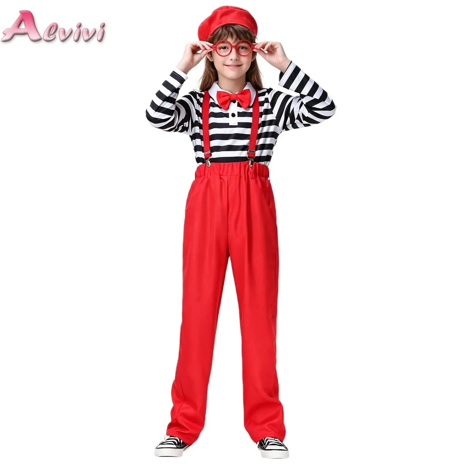 Boys Girls Clown Stage Costume Long Sleeve Striped T-shirt Suspenders Pants with Bow Tie Beret Hat Glasses Frame Drama Clothing