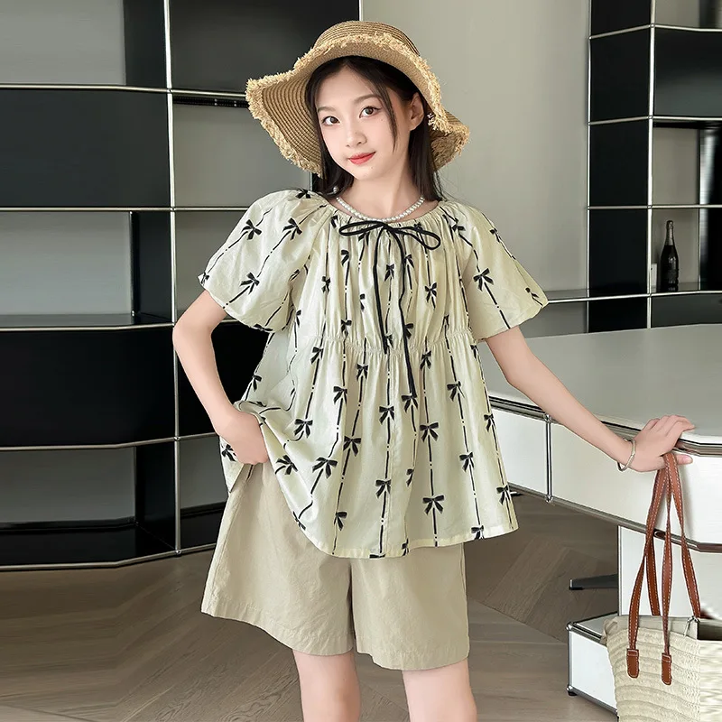 

Girls Two-piece Set 2024 Summer New Korean Style Childrens Wear CuHK Children Short-sleeved Doll Shirt Thin Shorts Two-piece Set