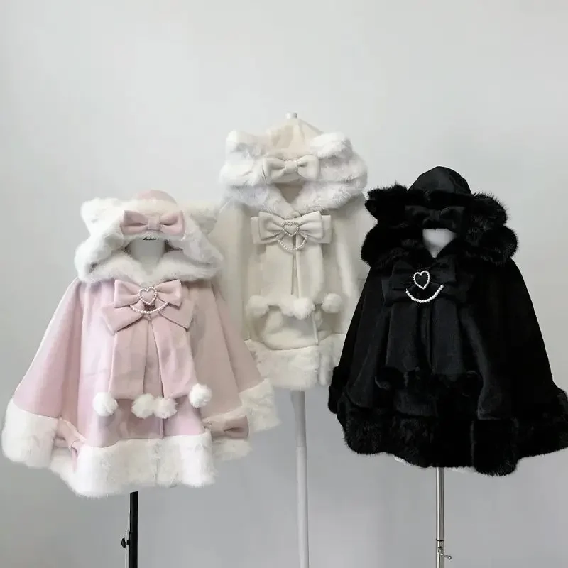

Дизайнерское лоскутное пальто с бантом и капюшоном Kawaii Cope, Harajuku, теплое милое пальто с меховым воротником, зимнее новое японское пальто в стиле Лолиты, женское пальто