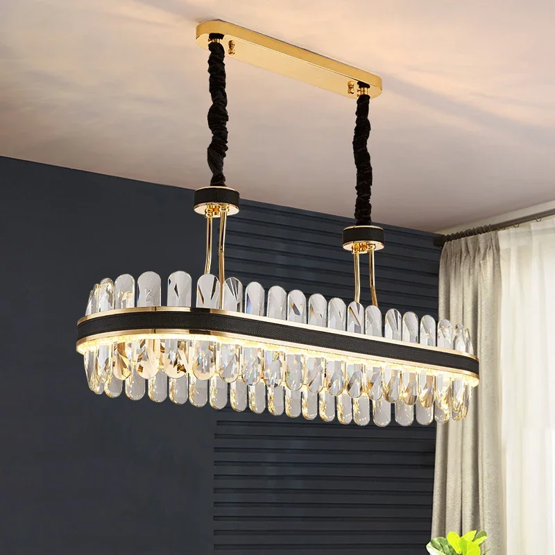 

Modern LED Kitchen Chandelier Rectangular Crystal Chandelier Modern Designer Creative Leather Dining Room Lamp
