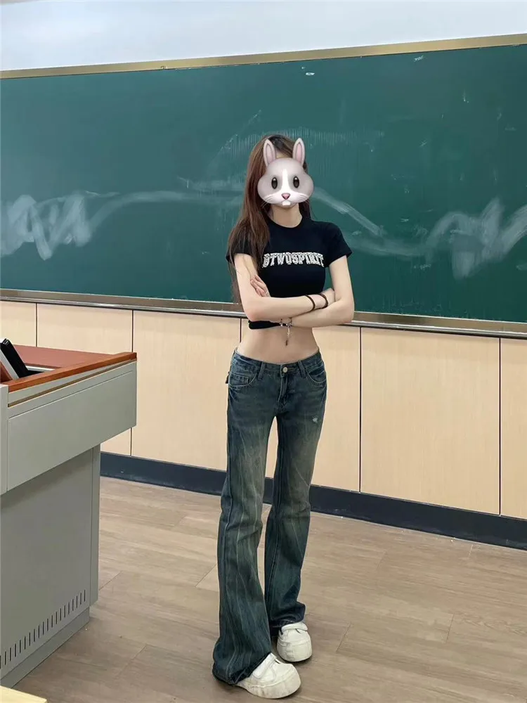 

Американские ретро-джинсы с низкой посадкой и расклешенными штанинами, женские летние тонкие брюки в пол с рваными краями, в стиле High Street