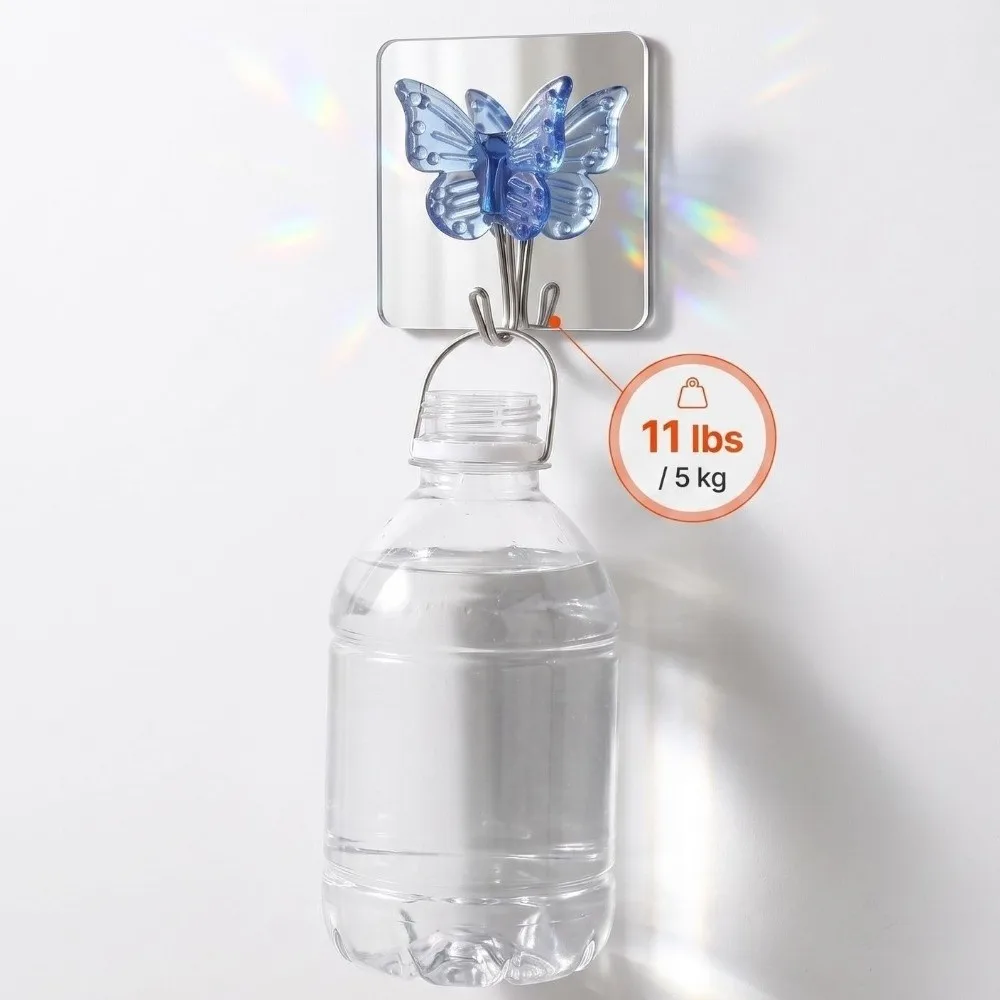 2PCS Stylish Self Adhesive Crystal Glass Butterfly Hooks Decorative with Mirror Wall Hooks Waterproof Bathroom Hook Kitchen