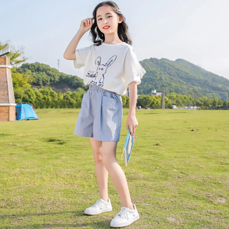 

ZOETOP Korea Summer Junior Girl 2PCS Clothes Set Children Girl Cartoon Rabbit T-shirt+Elastic Waist Shorts School Girl Tracksuit