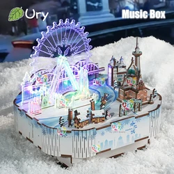 Ury 3D Wooden Puzzles Ice Amusement Park Led Rotatable Ferris Wheel Music Box Church Model Kit Assembly DIY Toy Gift for Adult