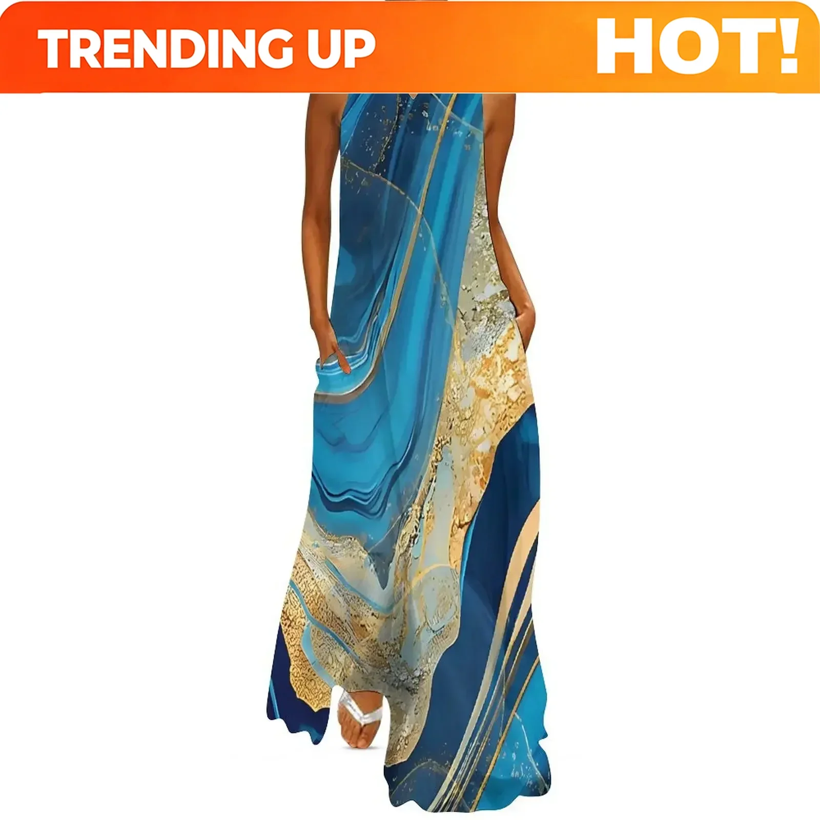 Vestido largo con estampado de mármol azul y dorado, diseño personalizado, para mujer, ideal para el verano, con un estilo moderno y sexy, sin mangas, de estilo bohemio, perfecto para la playa, elegante.