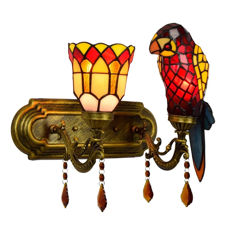 Red Parrot Bird Retro Bar Restaurant Corridor Double Head Crystal Wall Lamp Tiffany Stained Glass Bedroom Bedside Mirror Light