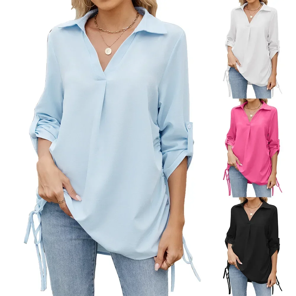 

New Shirts For Women Trendy Side Drawstring Shirt Long Sleeve V Neck Tunic Tops Casual Blouses Solid Color Casual Blouse Camisas