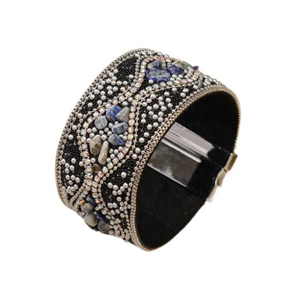 Ethnic Style Magnetic Clasp Bracelet Retro Stone Beads Rhinestone Women's Bracelet Acrylic Beads Magnetic Closure