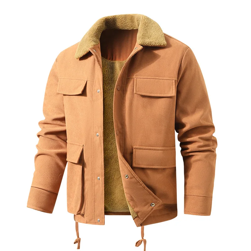 Retro collar warm short jacket for men Winter inner fleece warm casual jacket Durable multi pocket workwear cotton