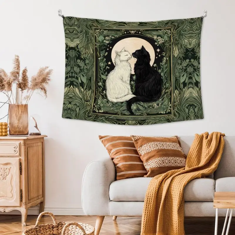VIKAMA Retro Gothic Black and White Cat Moon Tapestry Bedroom Dormitory Mysterious Atmosphere Wall Hanging Home Decoration