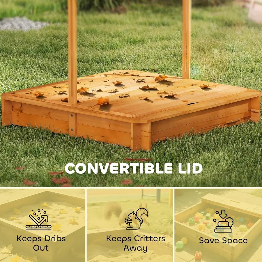 صندوق رمل خشبي مع غطاء، صندوق رمل للأطفال مع مظلة خارجية، صندوق رمل مع مقاعد قابلة للطي وحماية من الرمل، بطانة سفلية