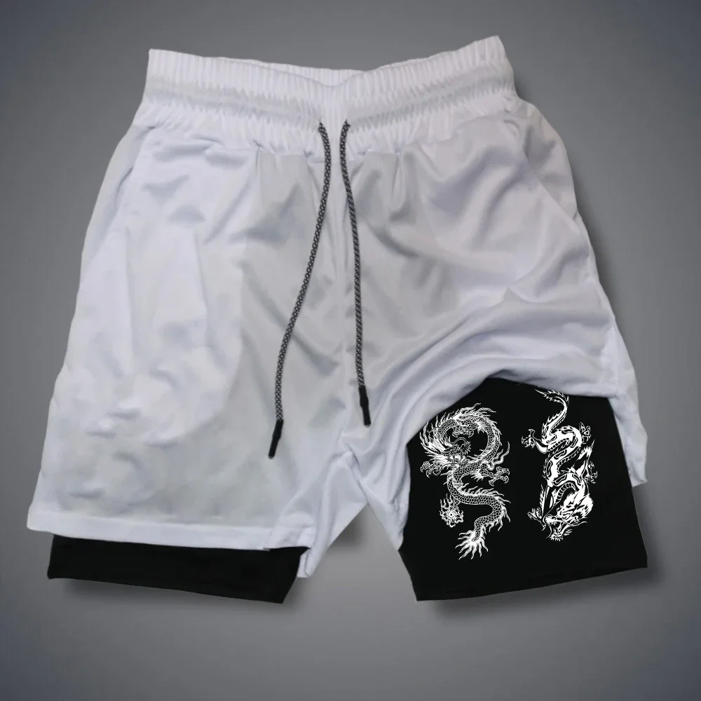 Summer Men\'s Shorts RS Letter Print Shorts Quick Dry 2 In 1 Short Pants White Black Double-deck Short Pant Dragon Streetwear