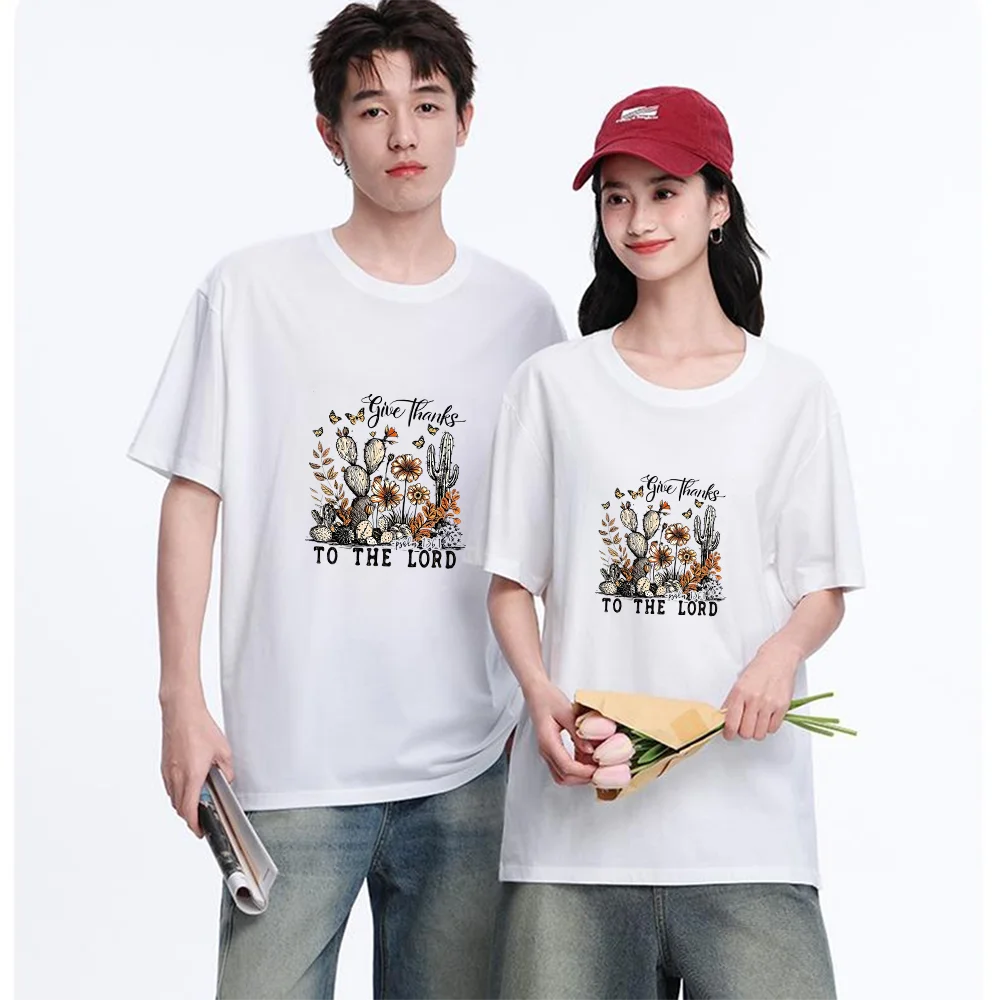 Cactus Flower Butterfly Give Thanks To The Lord Printed T Shirt Breathable Fabric S-3XL Personalized Custom T Shirt Aesthetic Gr