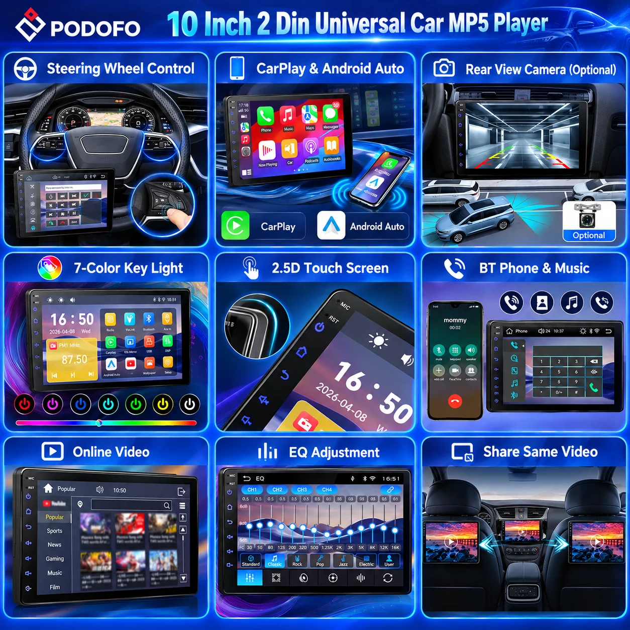 Podofo, lettore MP5 universale per auto da 10 pollici, 2 DIN, con connettività wireless e cablata per CarPlay e Android Auto, autoradio con schermo touchscreen HD, connettività Bluetooth e USB,