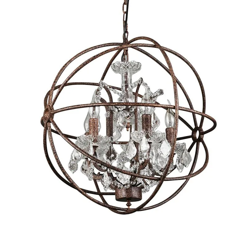 Nordic Globe Crystal Chandelier Retro Gyroscope Candle LED Pendant Light for Living Room Dining Room Farmhouse Loft Home Decor