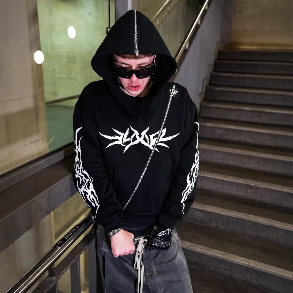 

Y2k Pullover Zipper Hoodie Sweatshirt Long Sleeved Tops Coat Totem Pattern Print Dark Gothic Pattern Vintage Clothes Outfit Ootd