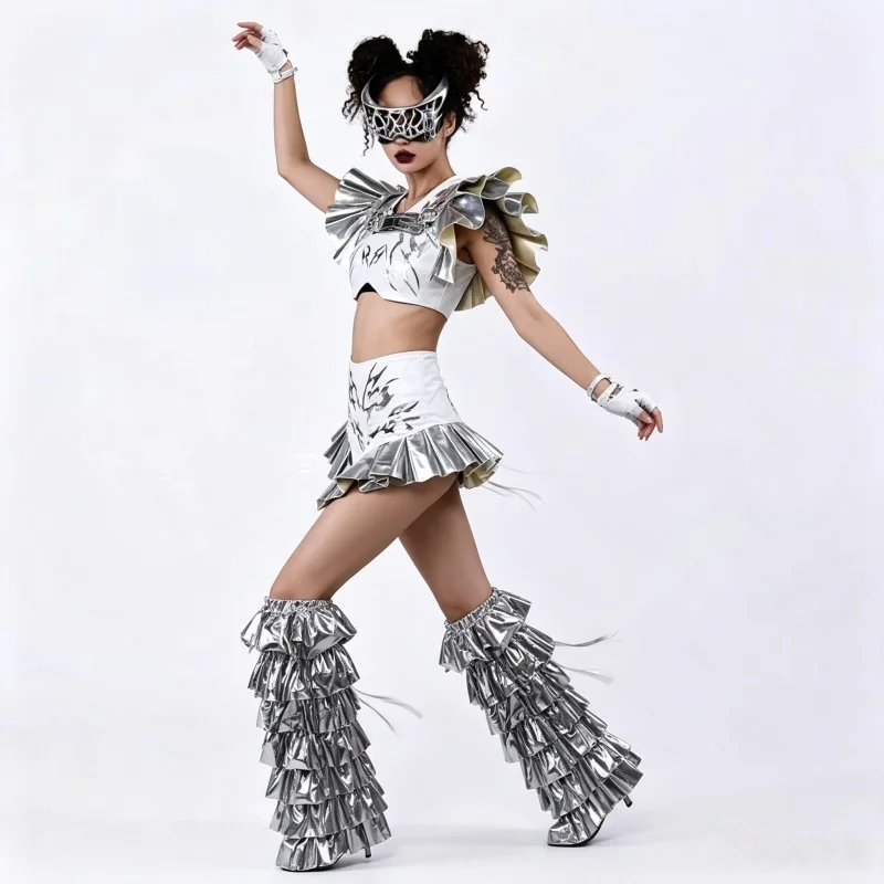 Women Sexy Silver White Laser Crop Top Shorts Set Masquerade Singer Drag Queen Costume Nightclub Bar Stage Performance Costume