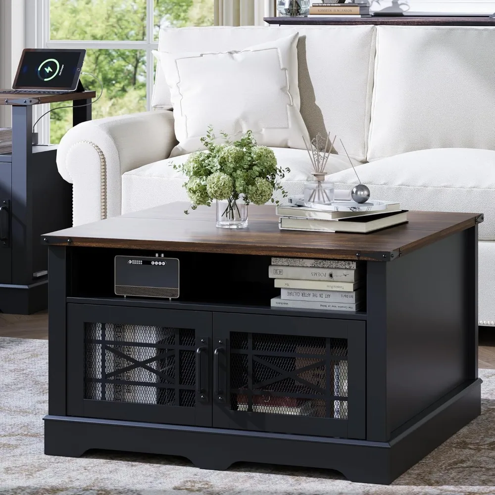 

Square Coffee Table, Farmhouse Tables for Living Room, Wood Table with Storage, Black Table with Hidden