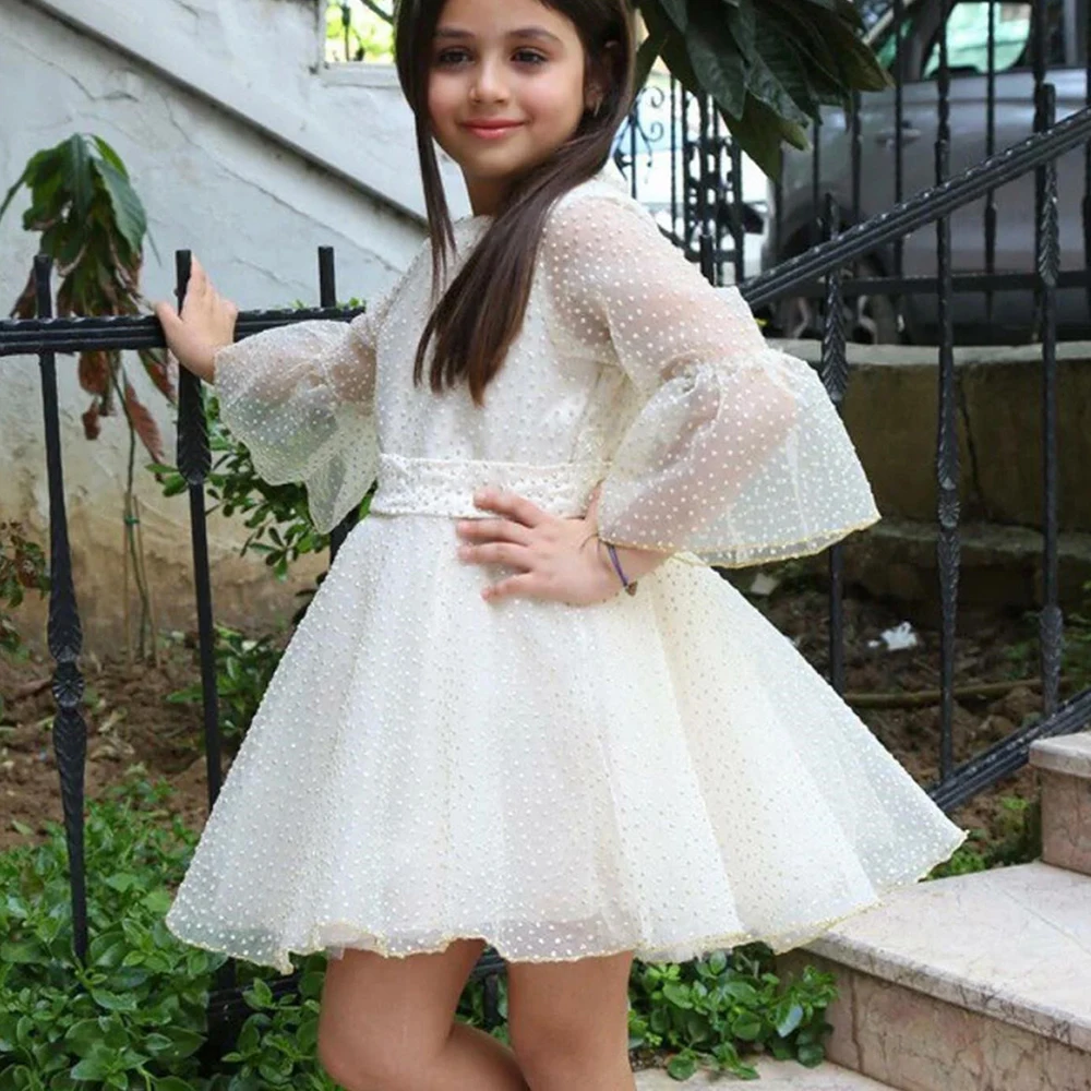 

Flare Sleeve Mini Dress Belt Bow A-line Kid For Wedding Party Birthday Illusion Flower Girl es vestidos para niñas