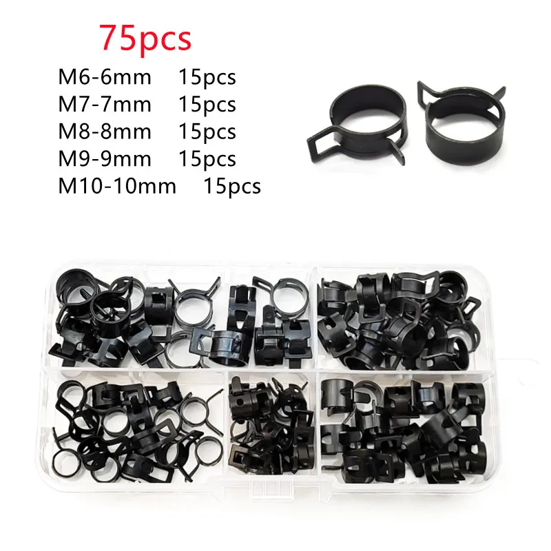 75Pcs/set M6-M10 Q673B Vacuum Spring Fuel Clip Oil Water Hose Pipe Tube Clamp Black Assortment Kit 6-10mm