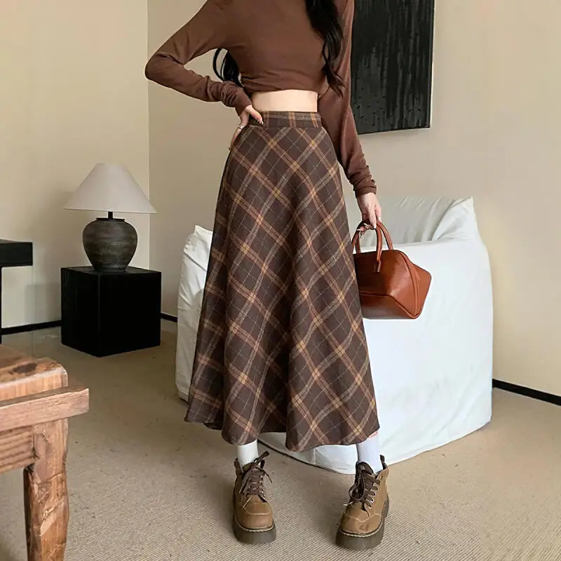 婦人服 ロングスカート ミディスカート 英国風 レトロ チェック柄 ハイウエスト 新しい Aラインスカート ファッション 快適