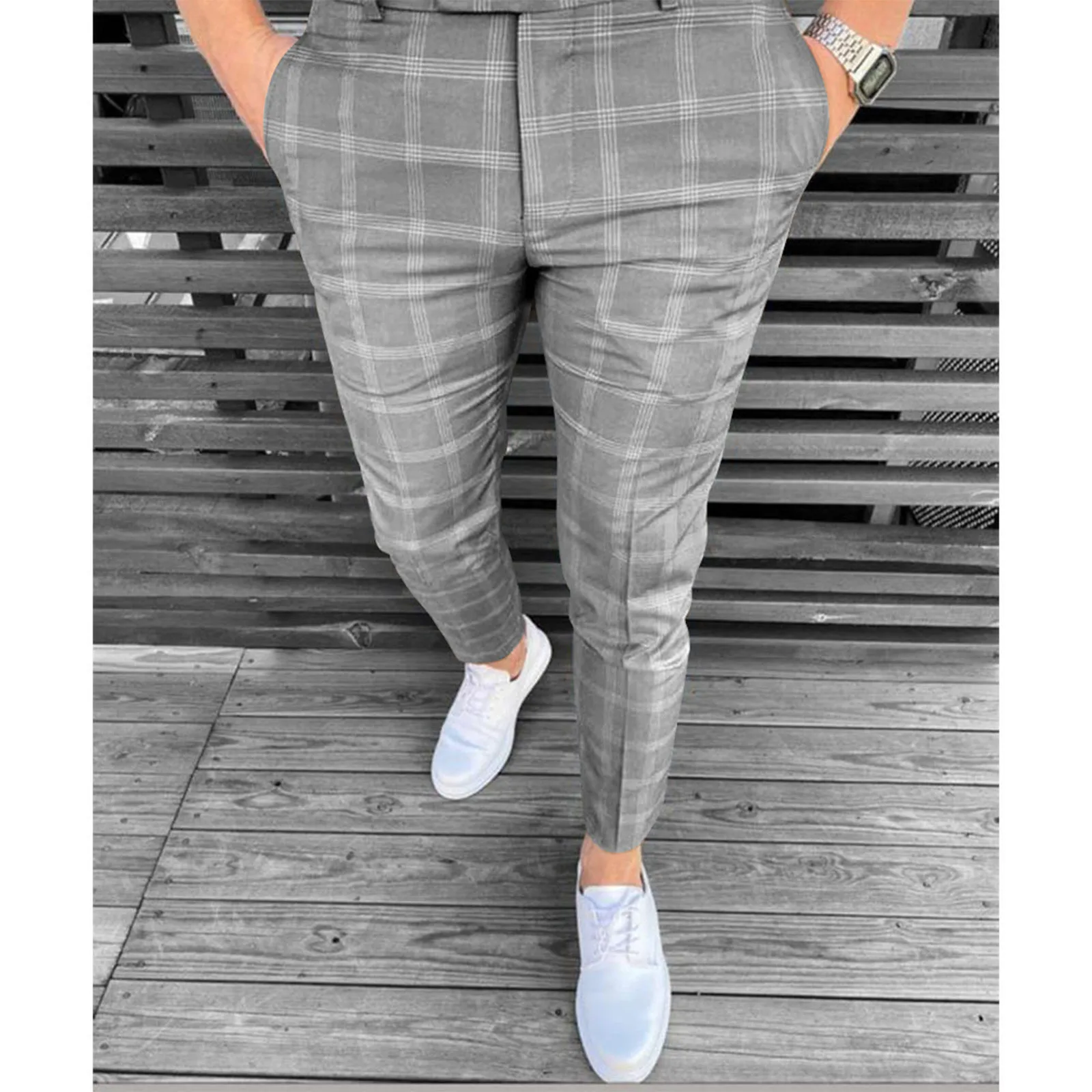 

Spring Autumn Mens Plaid Casual Pants Straight Leg Business Suit Pants Solid Color Classic Men Slim Fit Casual Elastic Trousers