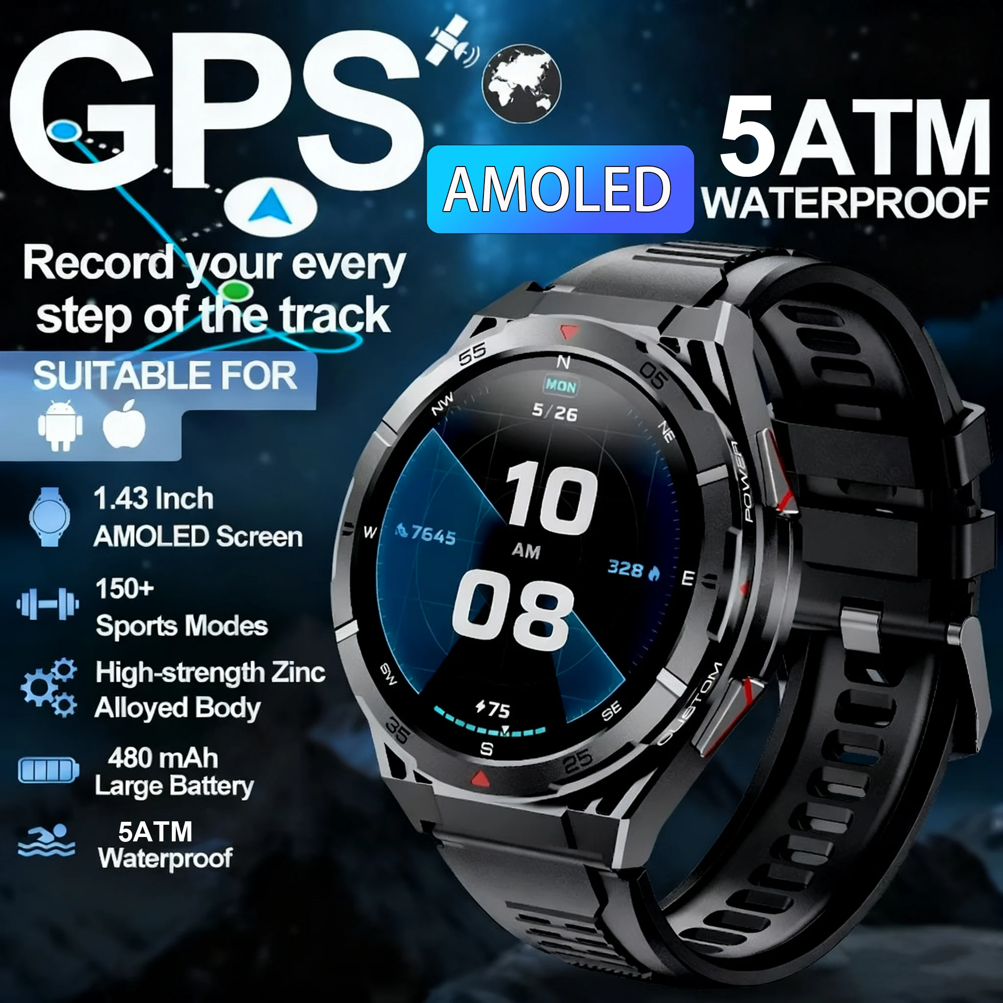 

DAORKOW Dual-Band satellite GPS Sports Smartwatch 1.43'' AMOLED Screen Compass BT 5ATM Waterproof SWIM SmartBracele 2025 New