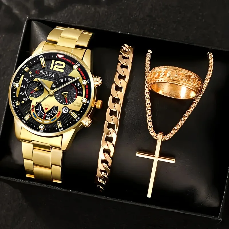 Mode Römische Skala Quarz Armbanduhr 4 stücke Set Männer Business Uhr Gefälschte Drei Augen Kalender Kreuz Halskette Armband Ring set