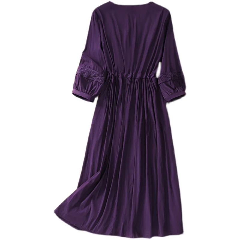 Damska letnia spódnica maxi w kształcie litery A z koronkowym wstawką, dekoltem w serek, rękawami 3/4, sznurowaniem w talii i dużym rozmiarem.