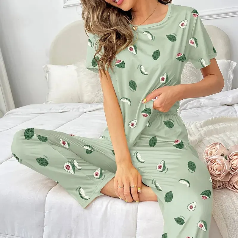 Conjunto de pijama de manga corta para mujer, ropa de dormir informal con pantalones, ropa de dormir suave para el hogar