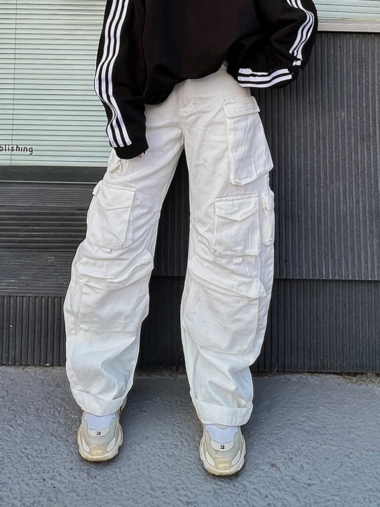 

American Sle High Street Multi-ket Vintage Work Pants High Waist Loose Wide Leg Floor-Length Denim Jeans for Women