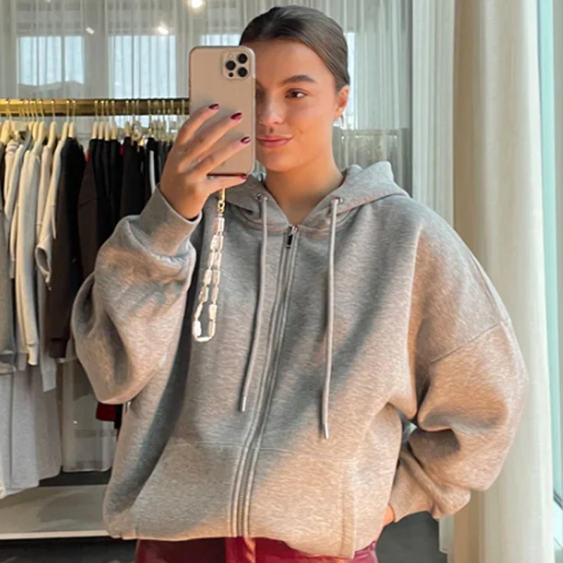 เสื้อฮู้ดผู้หญิง HXAO 2025 ทรงโอเวอร์ไซส์ สไตล์ชิค สีดำ เทา เทาเข้ม เสื้อฮู้ดแขนยาวแบบมีซิป