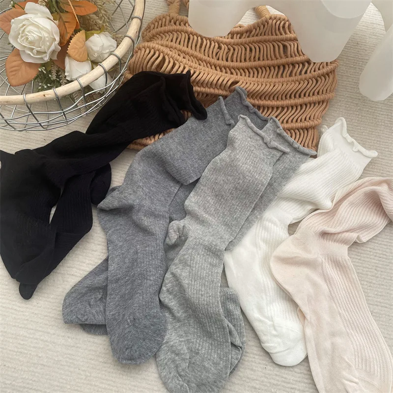 SP e CITY-meias finas de algodão plissado para mulheres, pequenas bordas onduladas, pilha, meia de tubo médio, moda coreana, lolita casual, verão