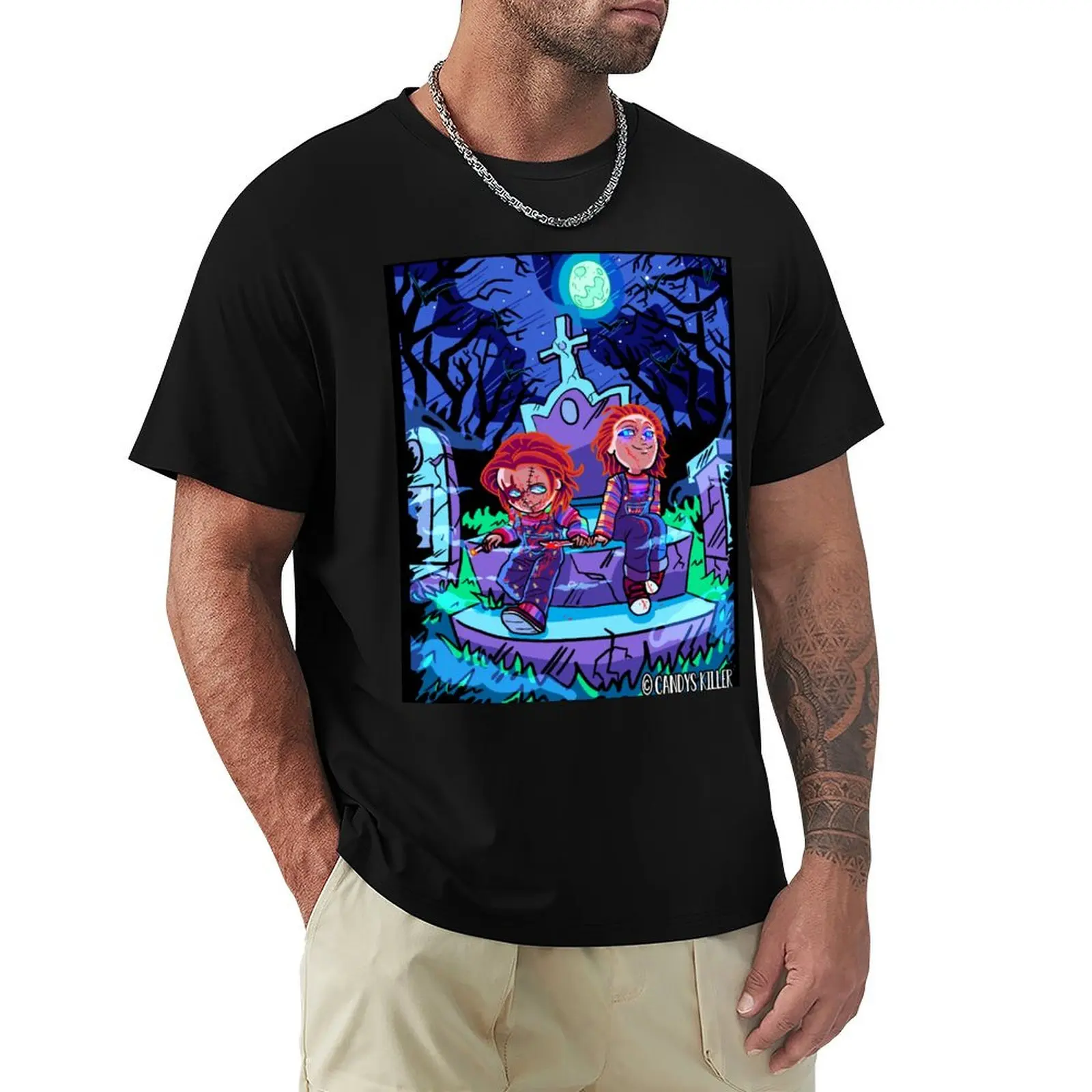 

chuckis on graveyard T-Shirt Fashion Print Casual Short Sleeve