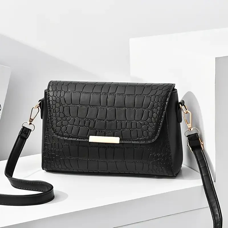 

Flap Magnetic Buckle Faux Crocodile Embossed Crossbody Bag, Womens OL Shoulder Bag Evening clutch wallet My melody