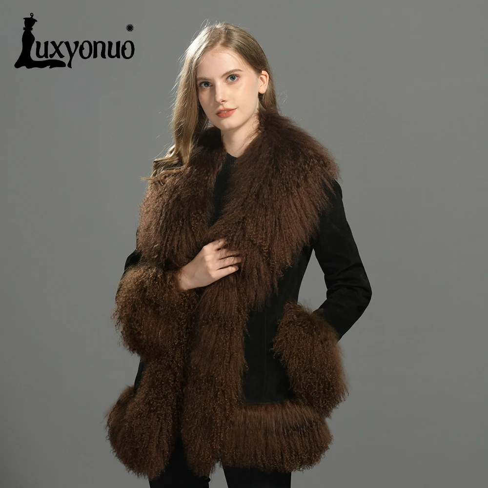 Luxyonuo chaqueta de cuero de ante auténtico para invierno 2024 nuevo abrigo de cuero genuino para mujer con piel de oveja mongol moda Otoño de lujo