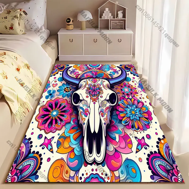 Colorful skull with floral patterns carpet Yoga living room room decor children's crawling mat doormat area rug games mat