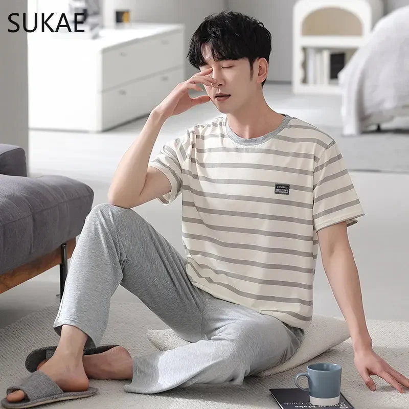 SUKAE L-5XL Mens Summer Modal Pajamas Short Sleeves Full Pants Plus Size Casual Sleepwear for Boy Elegant Mens Business Homsuits