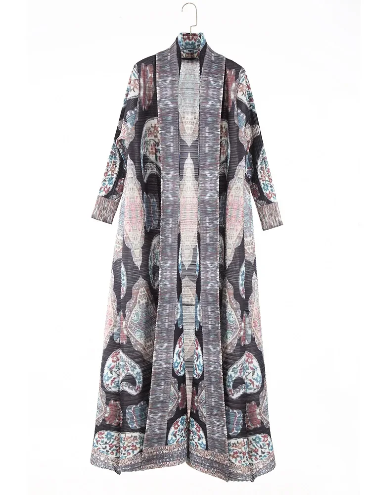 Miyake Plissee Abaya Frauen Trenchcoat Dubai Muslimischen Kaftan Gedruckt Langarm Marokko Original Designer Strickjacke Lange Mäntel