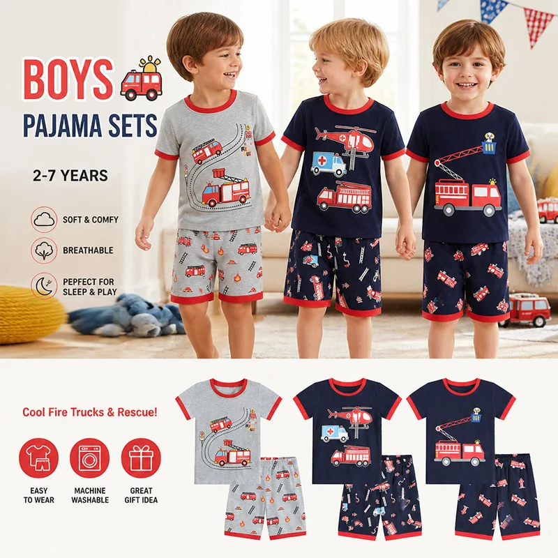 ittle Hand Boys Pure Cotton Short Sleeve Pajama Set Cartoon Fire Truck Ambulance Rescue Vehicle Print Summer Loungewear Sleep Su