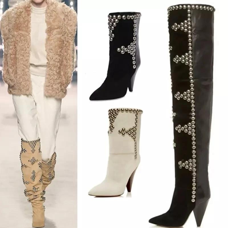 

New Round Button Rivets Studs Spike Heels Over Knee Boots Ruched Suede Slip-On Thigh Boots Winter Shoes Sewed Patchwork Botas