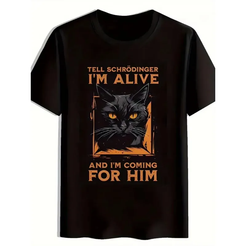 Men's T-shirt Vintage Cat with Orange Eyes and Schrodinger Humor Meme Tee Hip Hop Women Harajuku Y2k Cotton Streetwear Oversized