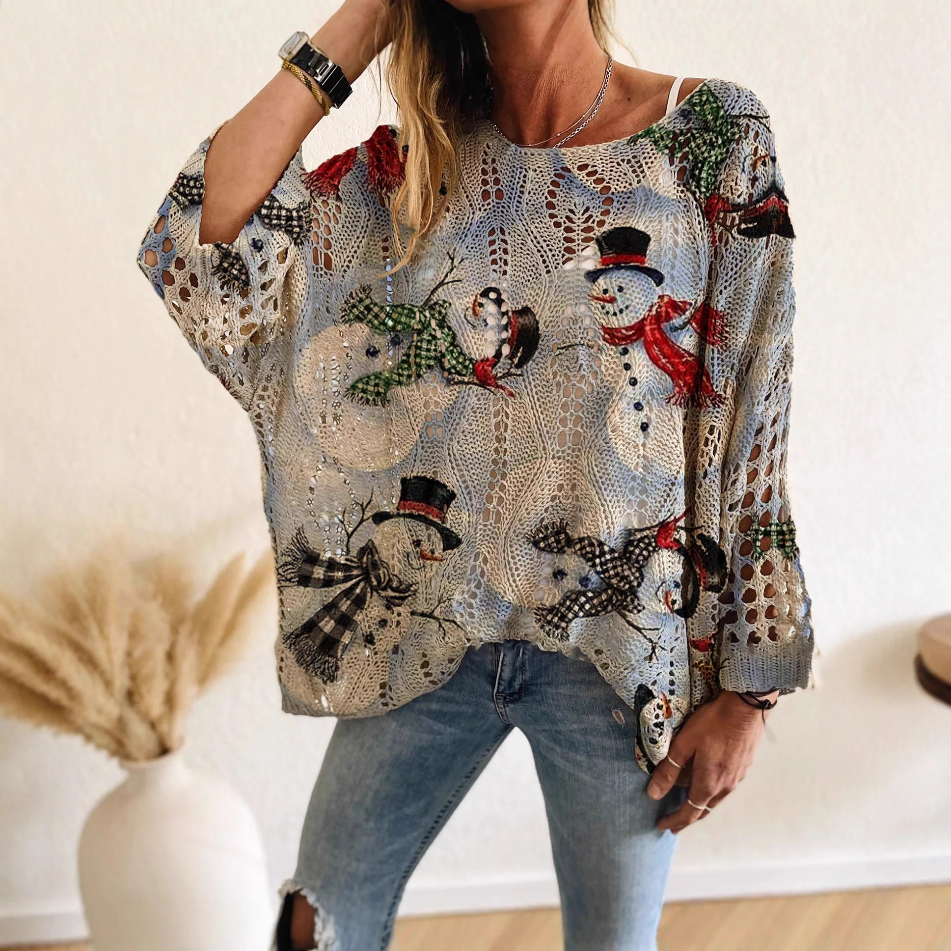 Womens Holiday Pullover Autumn Winter Season Round Neck Hollowed Out New Shoulder Contrasting Color Christmas Print Knit Sweater