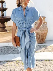 Summer For Women's Denim Blue Shirt Dress Vintage Fashion Button Lapel Wrinkle Lace Up Slim Elegant Female Denim Mid Long Dress